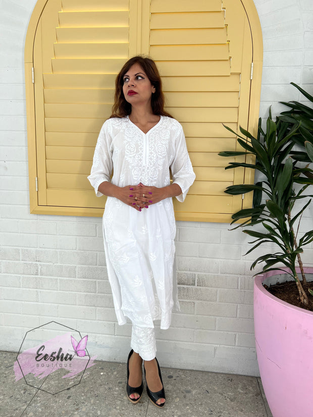 White Cotton Tunic - Rose - Hand Embroidered Chikankari Kurta