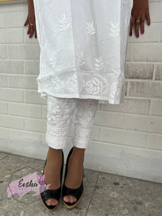 White Cotton Tunic - Rose - Hand Embroidered Chikankari Kurta