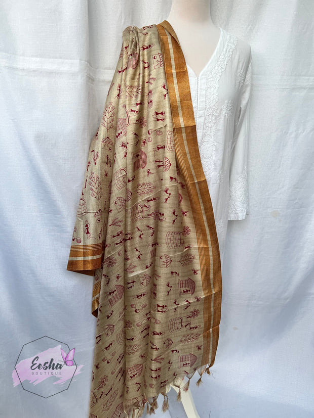 Khadi Cotton Silk Dupatta - Warli