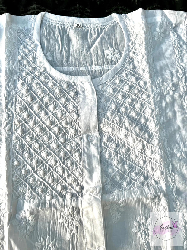 Ivy - White Cotton Short Top - Chikankari Hand Embroidery