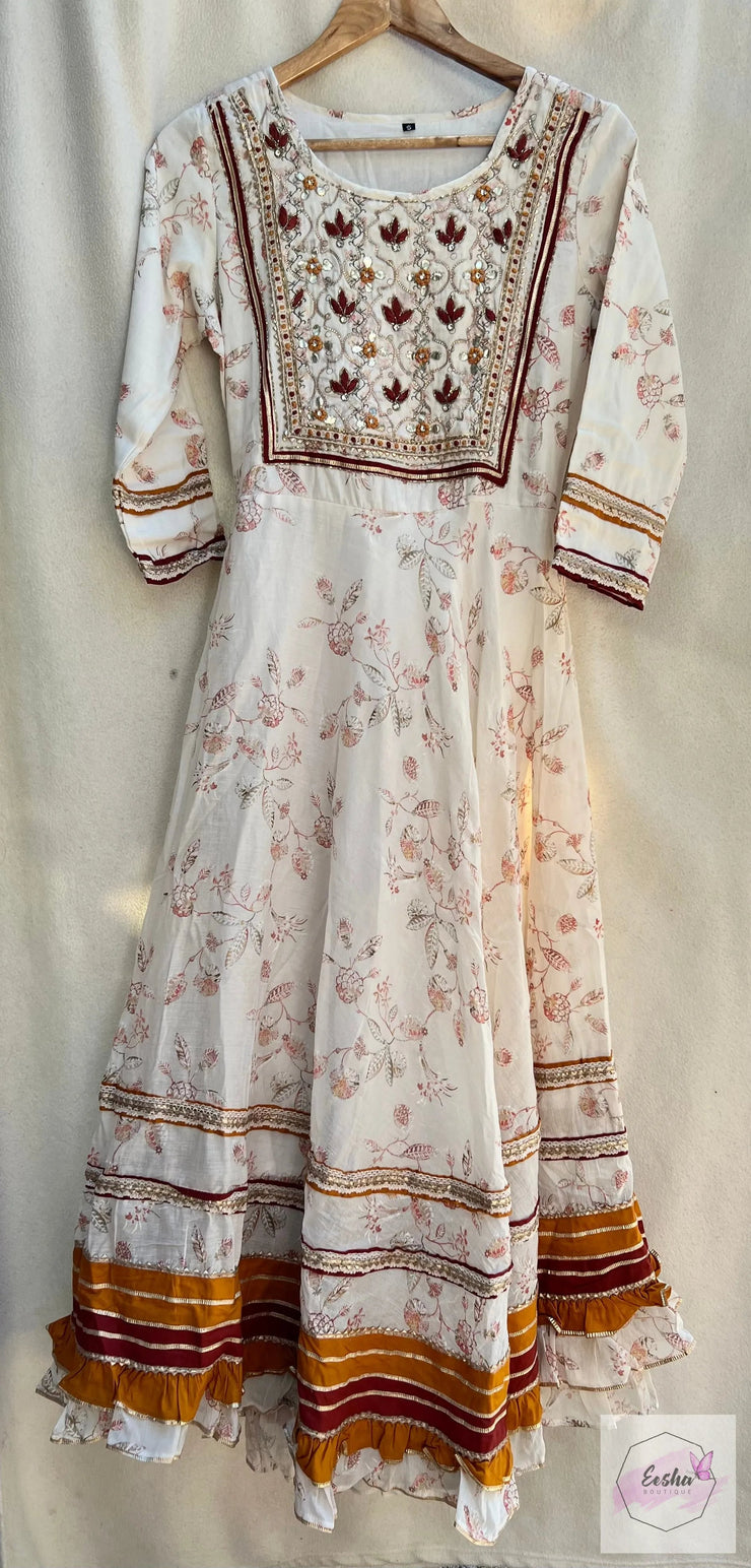 Off White Mulmul Cotton Floral Anarkali Long Dress Suit - Set of 3