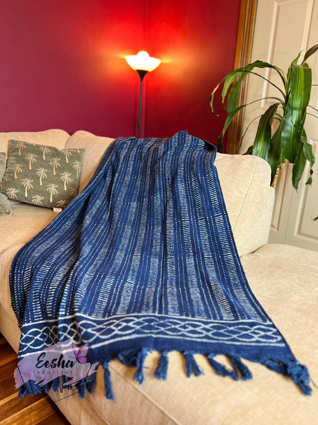Indigo blue strip pattern handloom organic Indian cotton throw