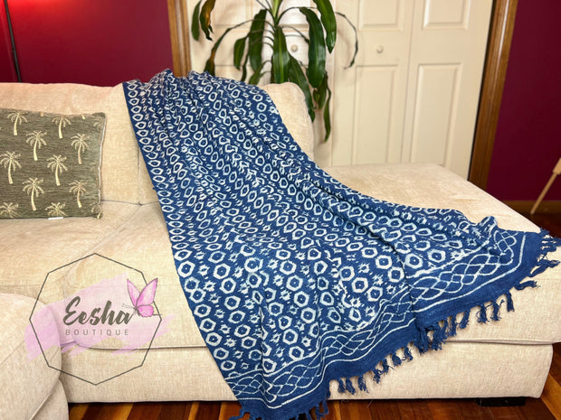 Indigo blue handloom organic Indian cotton throw - Honeycomb