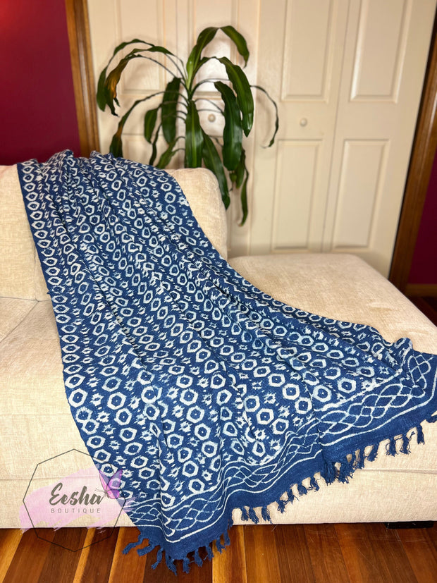 Indigo blue handloom organic Indian cotton throw - Honeycomb