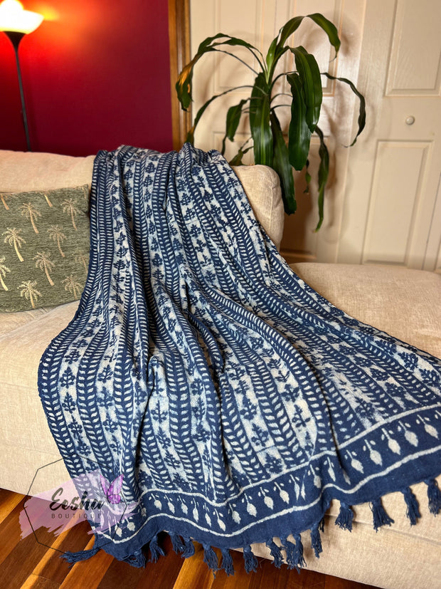 Indigo blue handloom organic Indian cotton throw - Vine