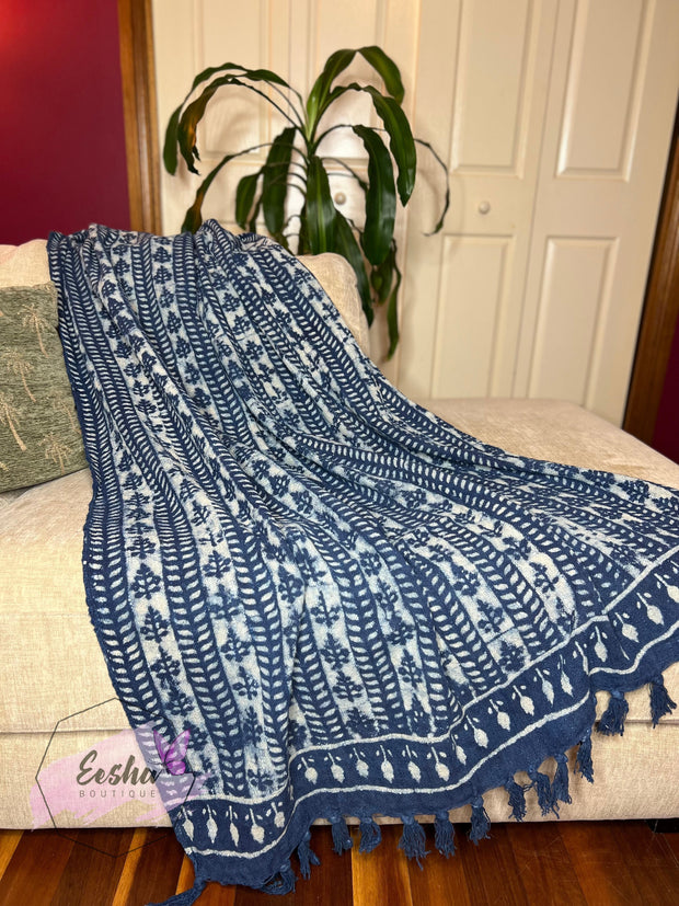 Indigo blue handloom organic Indian cotton throw - Vine