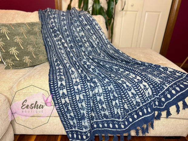 Indigo blue handloom organic Indian cotton throw - Vine