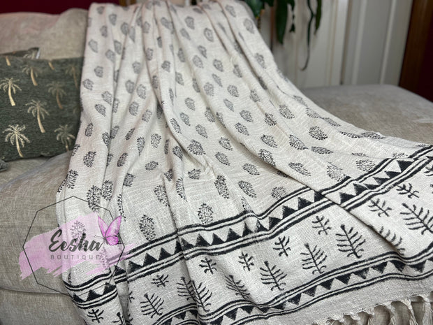 Beige handloom organic Indian cotton throw with tassels