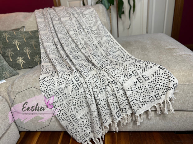 Beige handloom organic Indian cotton throw with tassels