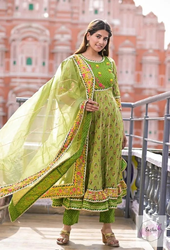 Light Green Pure Cotton Mulmul Anarkali Suit - Set of 3