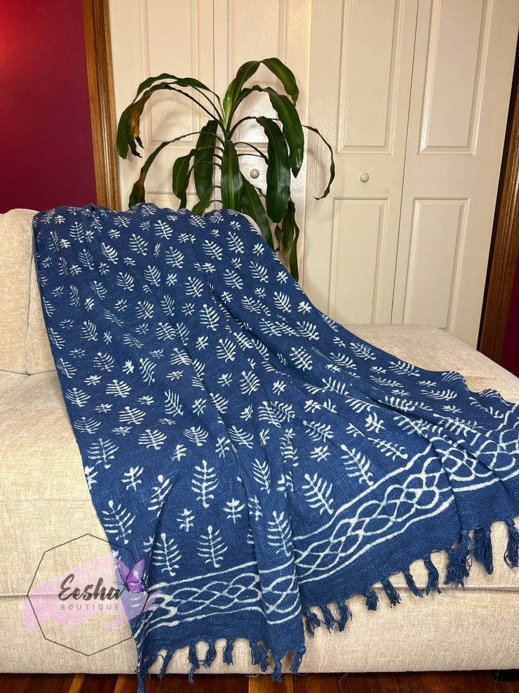 Indigo blue handloom organic Indian cotton throw - Leaf