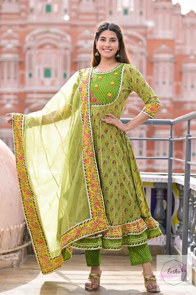 Light Green Pure Cotton Mulmul Anarkali Suit - Set of 3