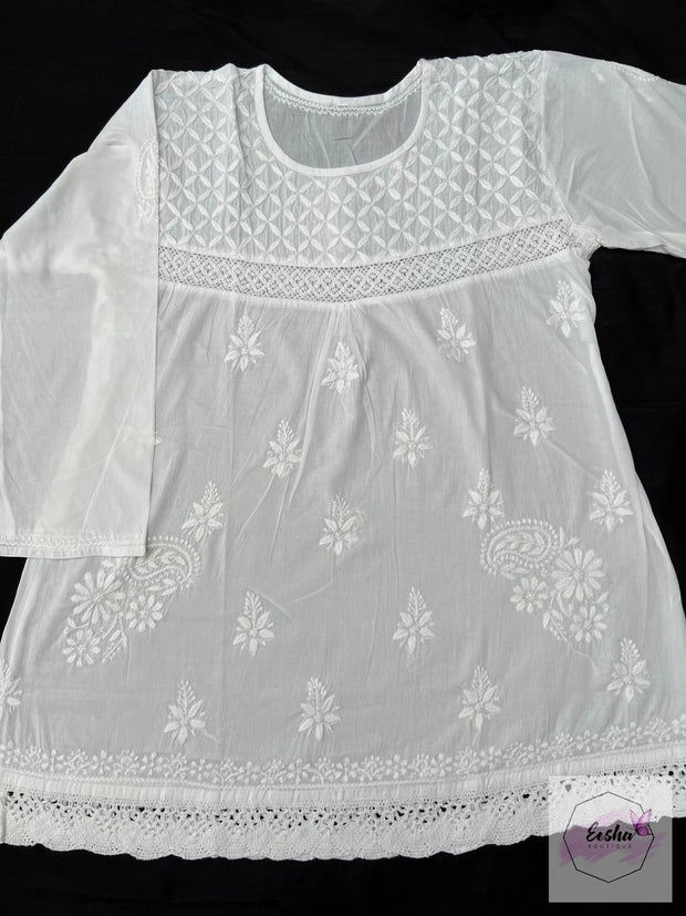 Lily -  White Indian Cotton Tunic Top With Chikankari Hand Embroidery