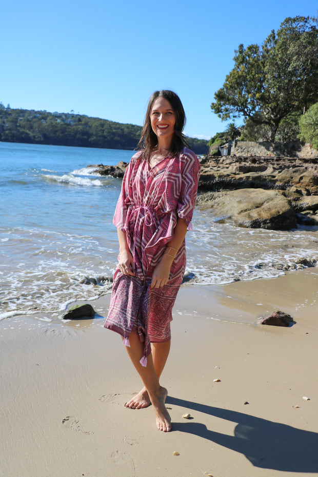 Wave Long Kaftan - Dabbu Print With Tussles
