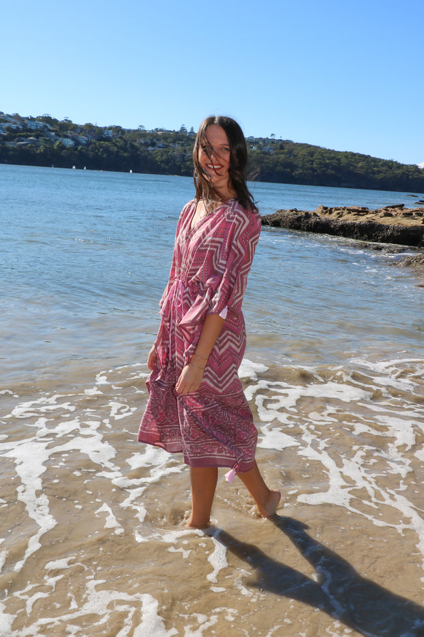 Wave Long Kaftan - Dabbu Print With Tussles
