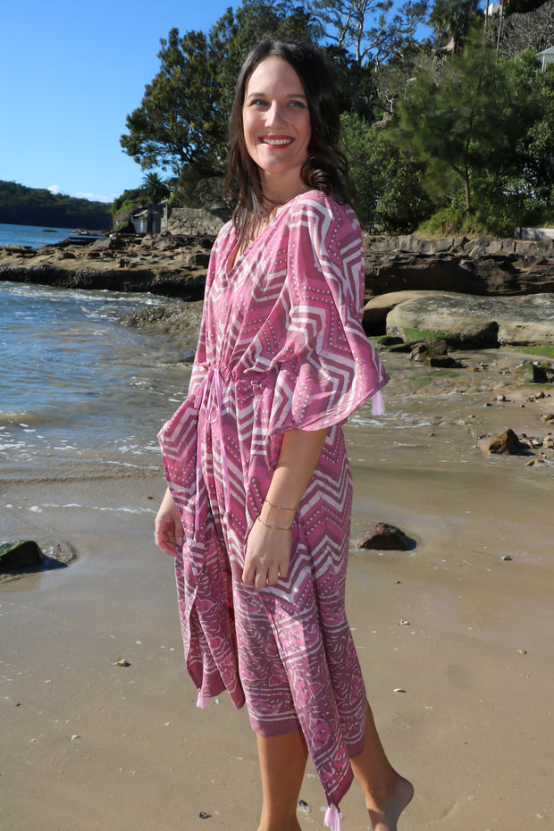 Wave Long Kaftan - Dabbu Print With Tussles