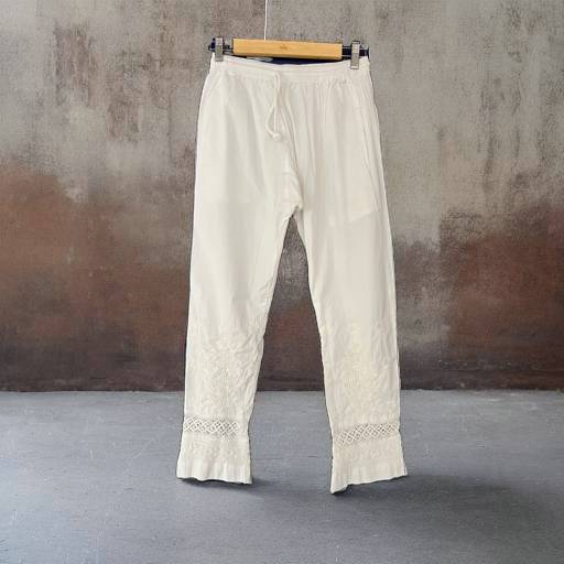 White Cotton Lycra Cigarette Pant - Lace