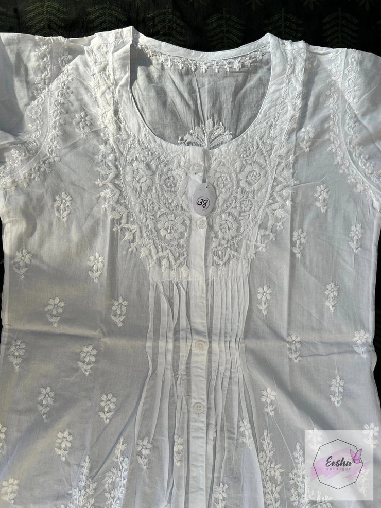 Milana - White Indian Cotton Tunic Top With Chikankari Hand Embroidery