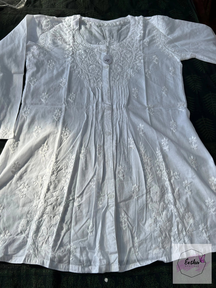 Milana - White Indian Cotton Tunic Top With Chikankari Hand Embroidery