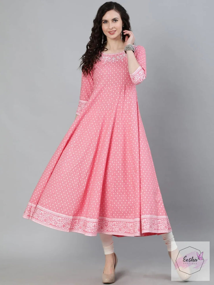 Pink Anarkali Long Cotton Gown With Heavy Flair