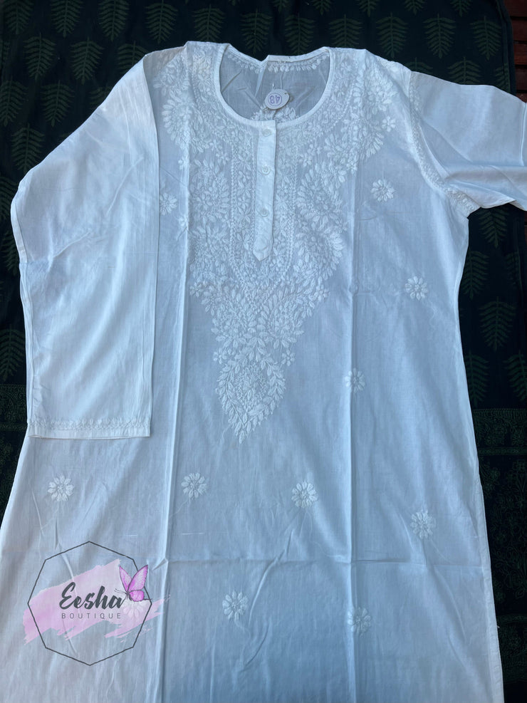 Plus Size White Cotton Tunic - Hand Embroidered Chikankari Kurta