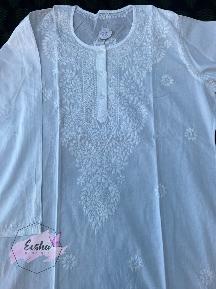 Plus Size White Cotton Tunic - Hand Embroidered Chikankari Kurta