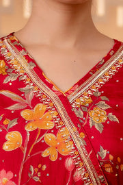 Red Chinon Silk Angarkha Anarkali Suit - Set of 3