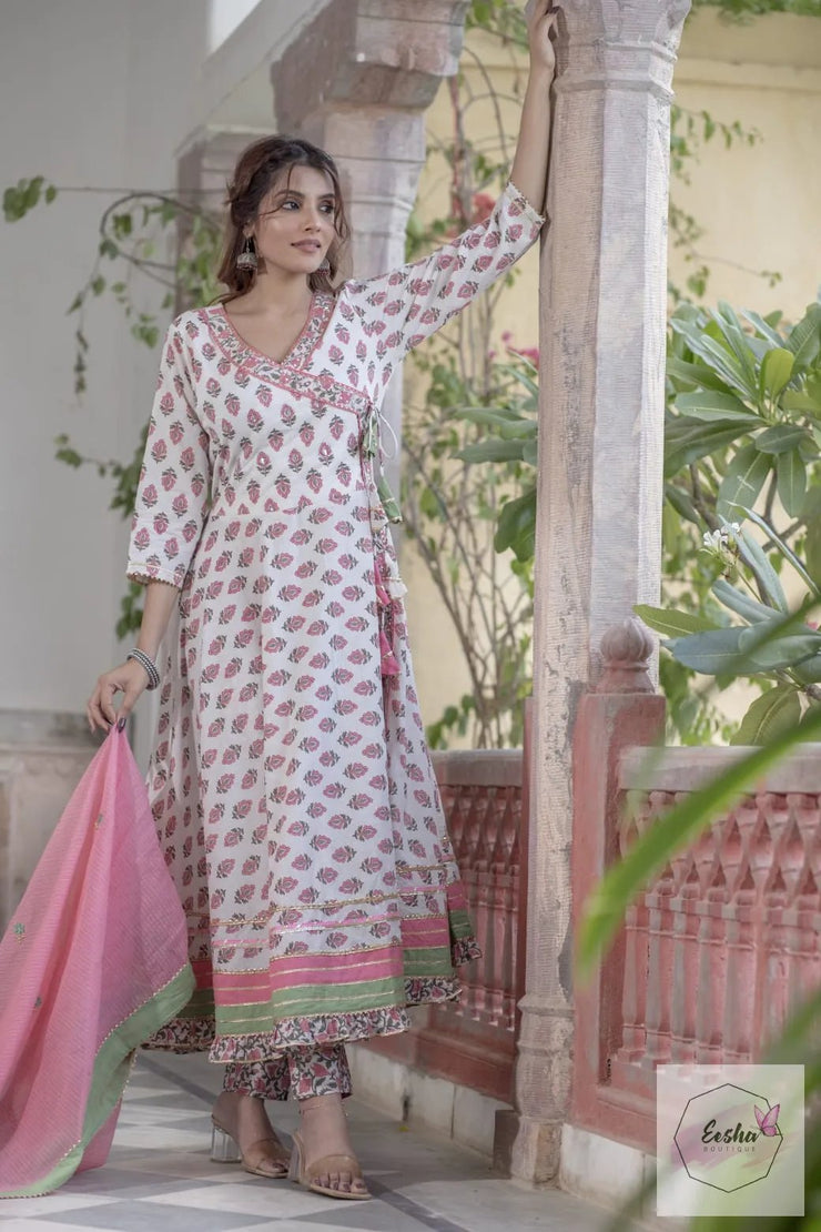 Baby Pink Pure Cotton Mulmul Anarkali Suit - Set of 3