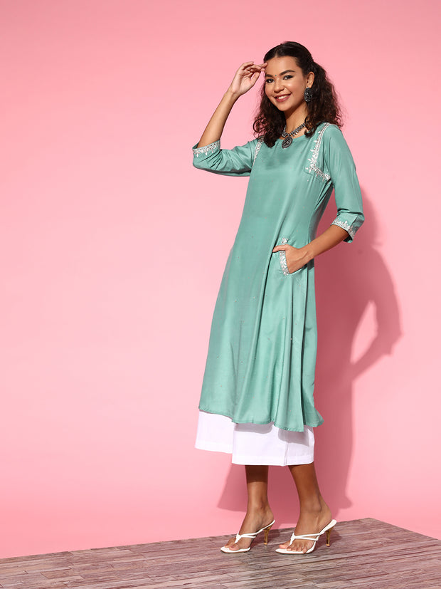 See Green Silk A-line Dress With Pockets