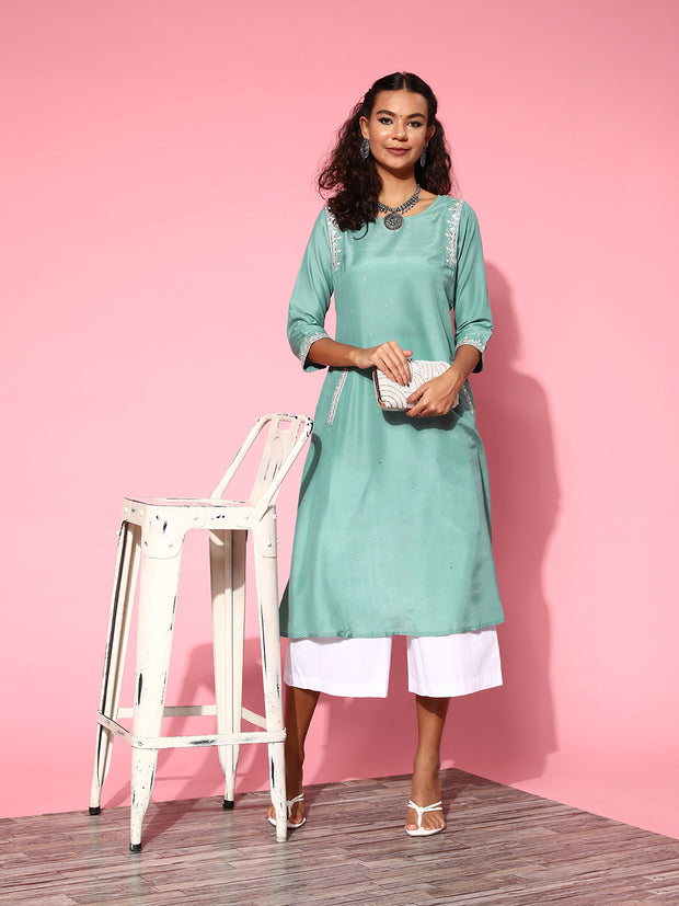 See Green Silk A-line Dress With Pockets