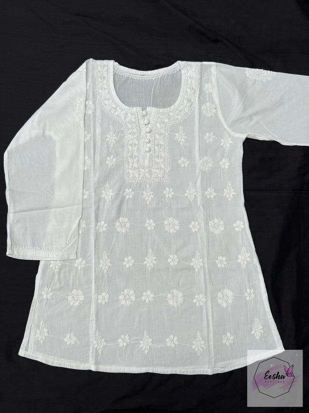 Susan - White Indian Cotton Tunic Top With Chikankari Hand Embroidery