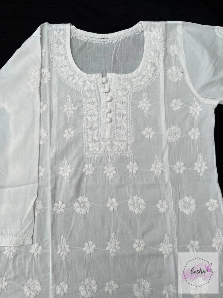 Susan - White Indian Cotton Tunic Top With Chikankari Hand Embroidery