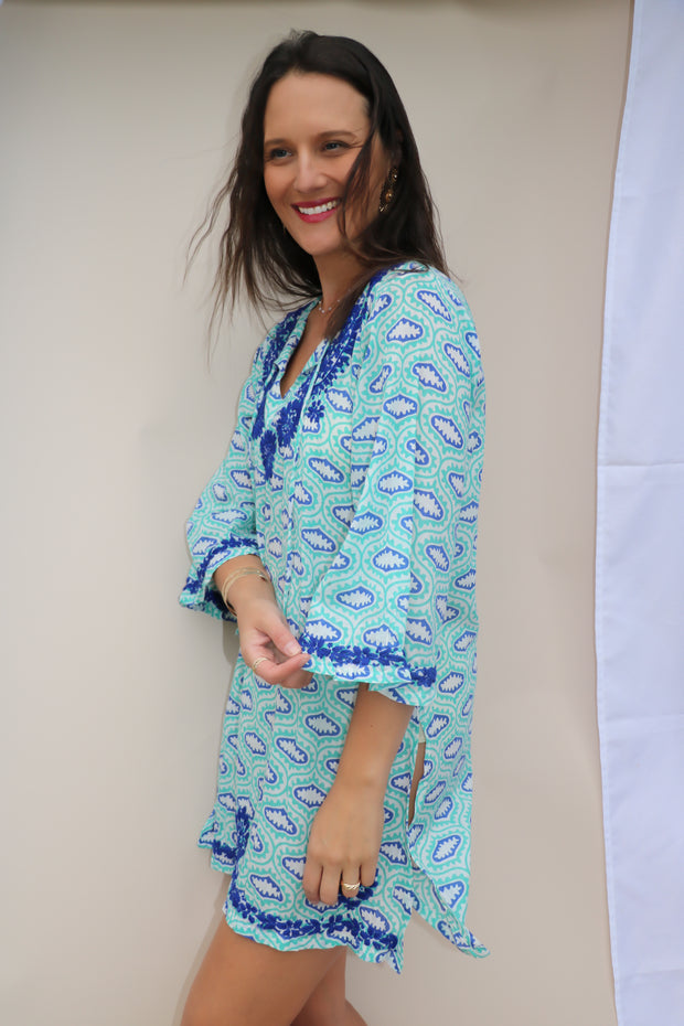 Turquoise Bell Sleeves Hand Block Print Tunic with Hand Embroidery