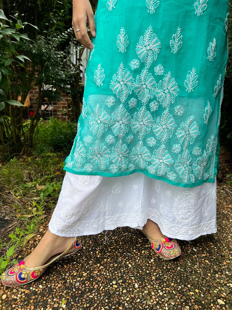 White Cotton Palazzo Pants - Leaf