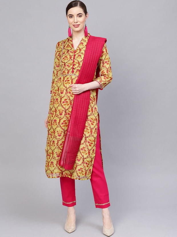 Yellow & Rani Ethnic Motifs Chanderi and Cotton Slub Kurta With Pant and Handloom Dupatta