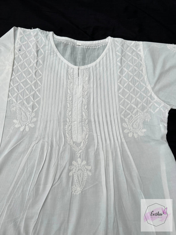 Cassia -  White Indian Cotton Tunic Top With Chikankari Hand Embroidery