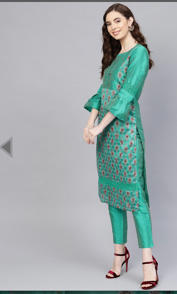 Green Embroidered Straight Chanderi Silk Kurta with Pants