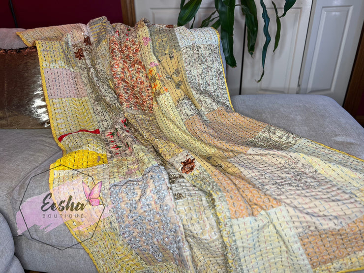 Kantha Stitch Vintage Silk Patchwork Throw - Yellow