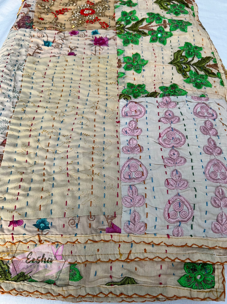 Kantha Stitch Vintage Silk Patchwork Throw - Yellow