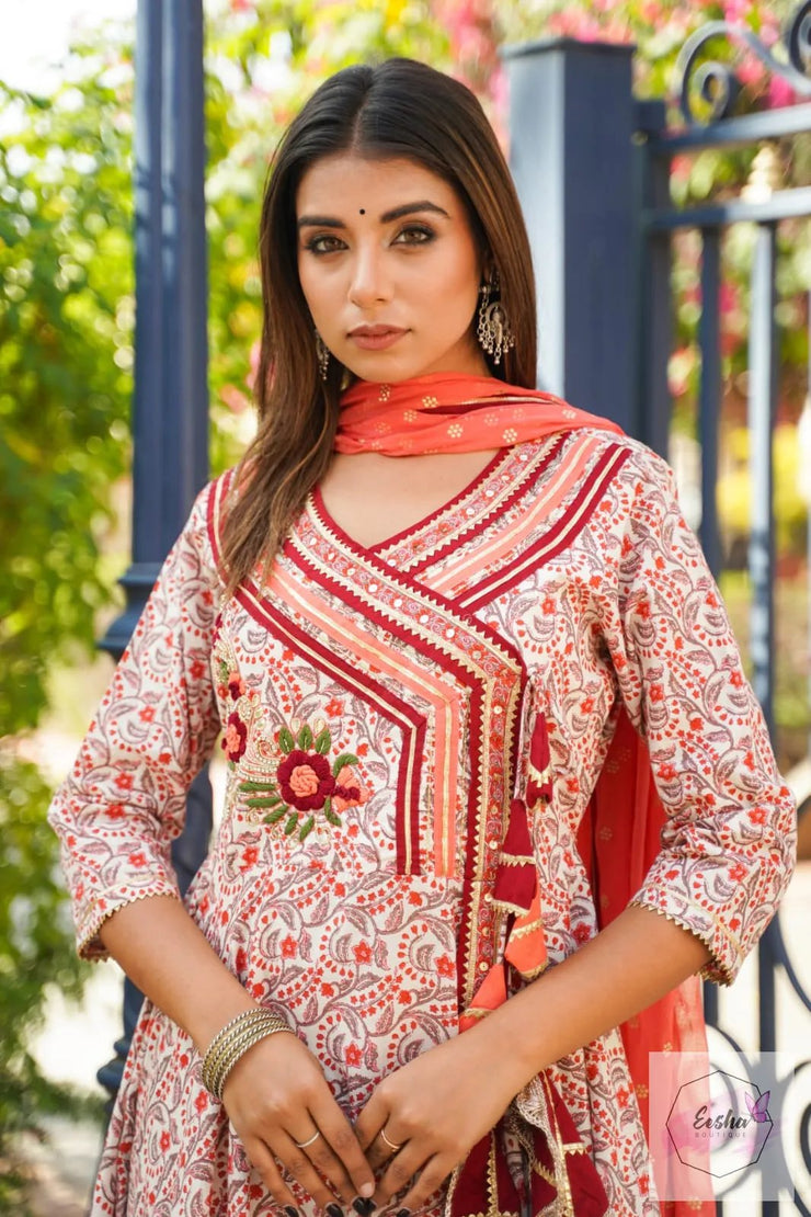 Orange and peach Angarkha Style Anarkali Suit - Set of 3