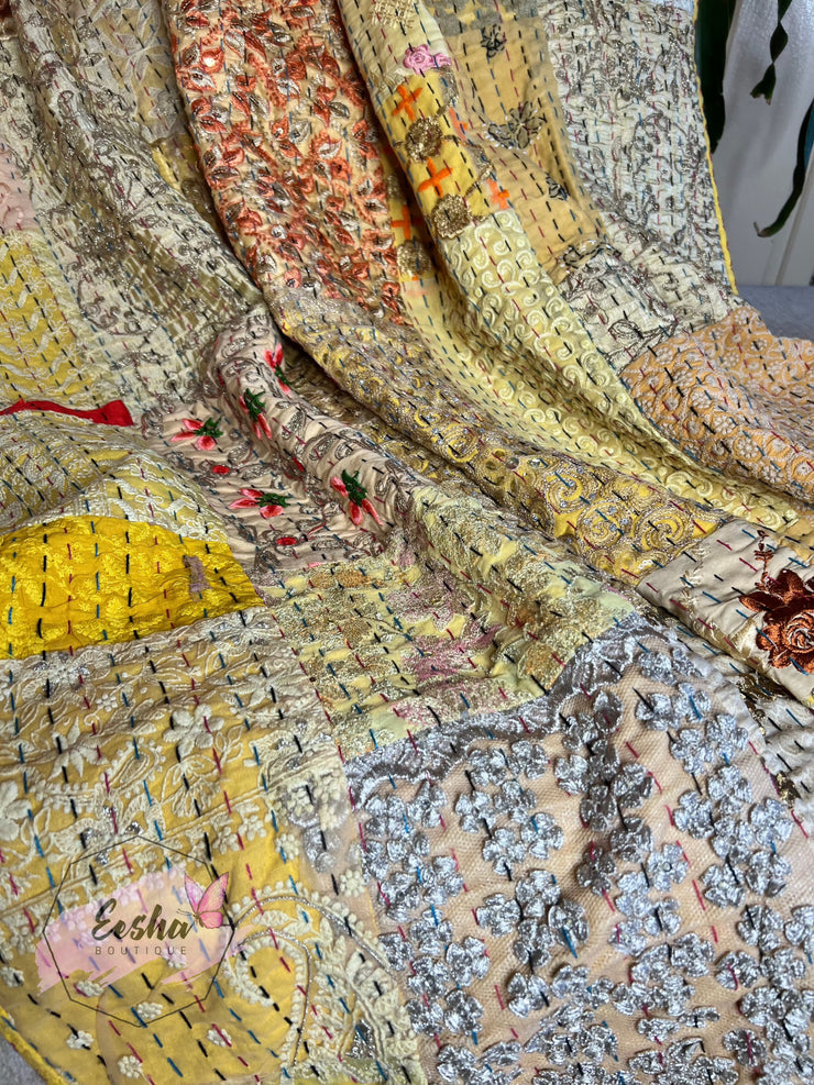 Kantha Stitch Vintage Silk Patchwork Throw - Yellow