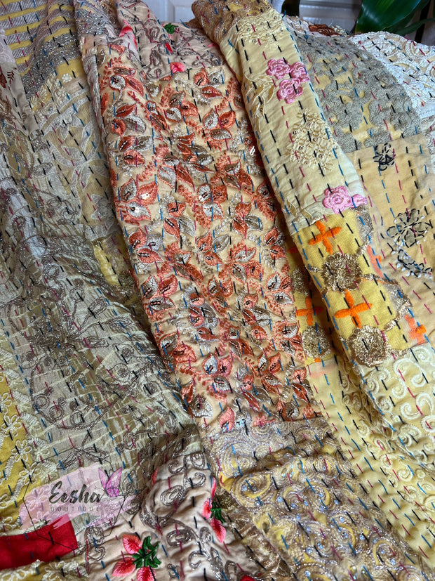 Kantha Stitch Vintage Silk Patchwork Throw - Yellow