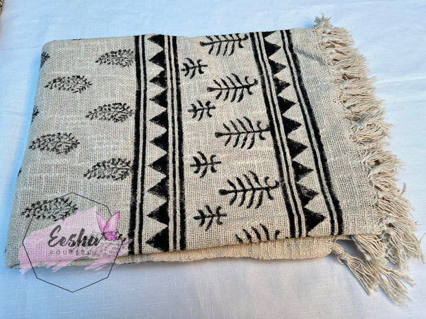 Beige handloom organic Indian cotton throw with tassels