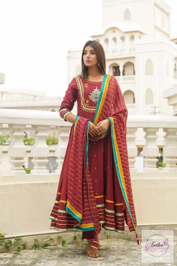 Chanderi Silk Maroon Anarkali Suit With Pant And Dupatta