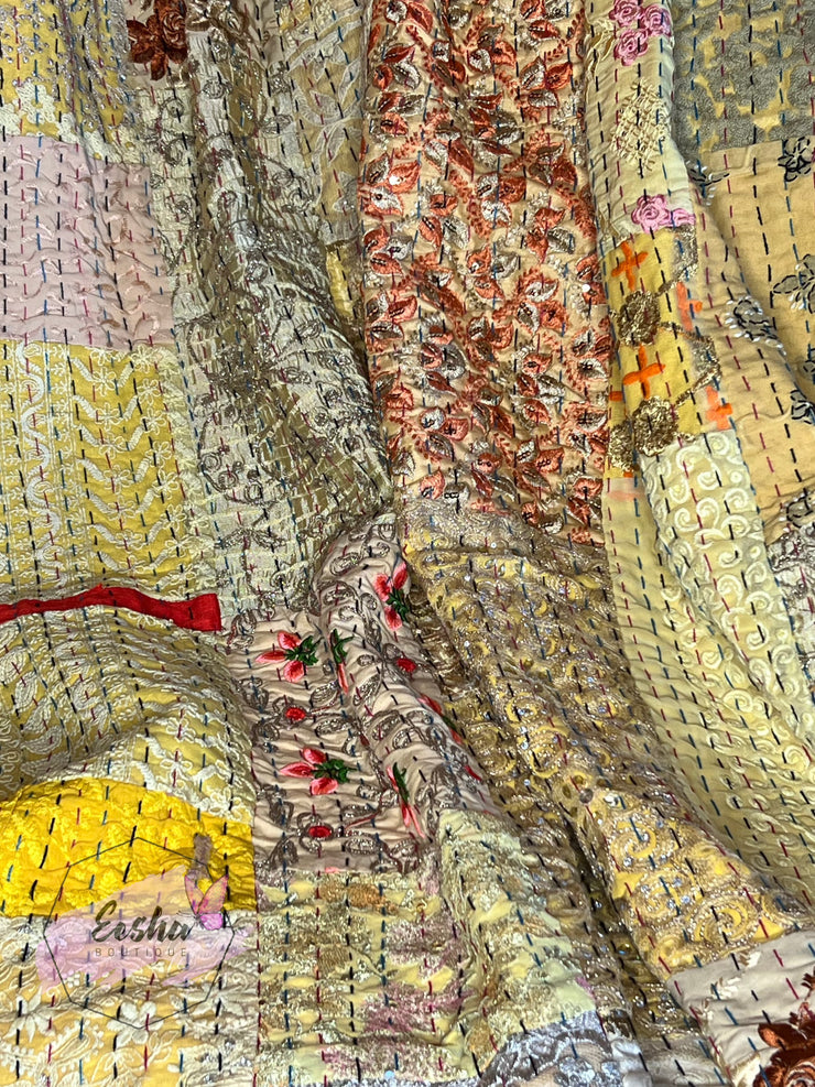 Kantha Stitch Vintage Silk Patchwork Throw - Yellow
