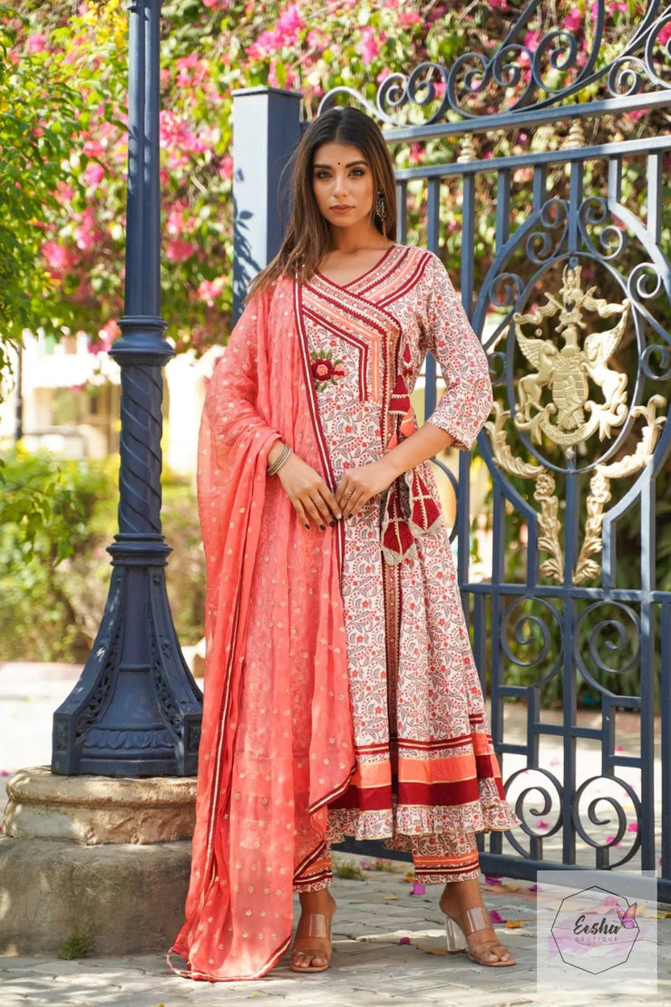 Orange and peach Angarkha Style Anarkali Suit - Set of 3