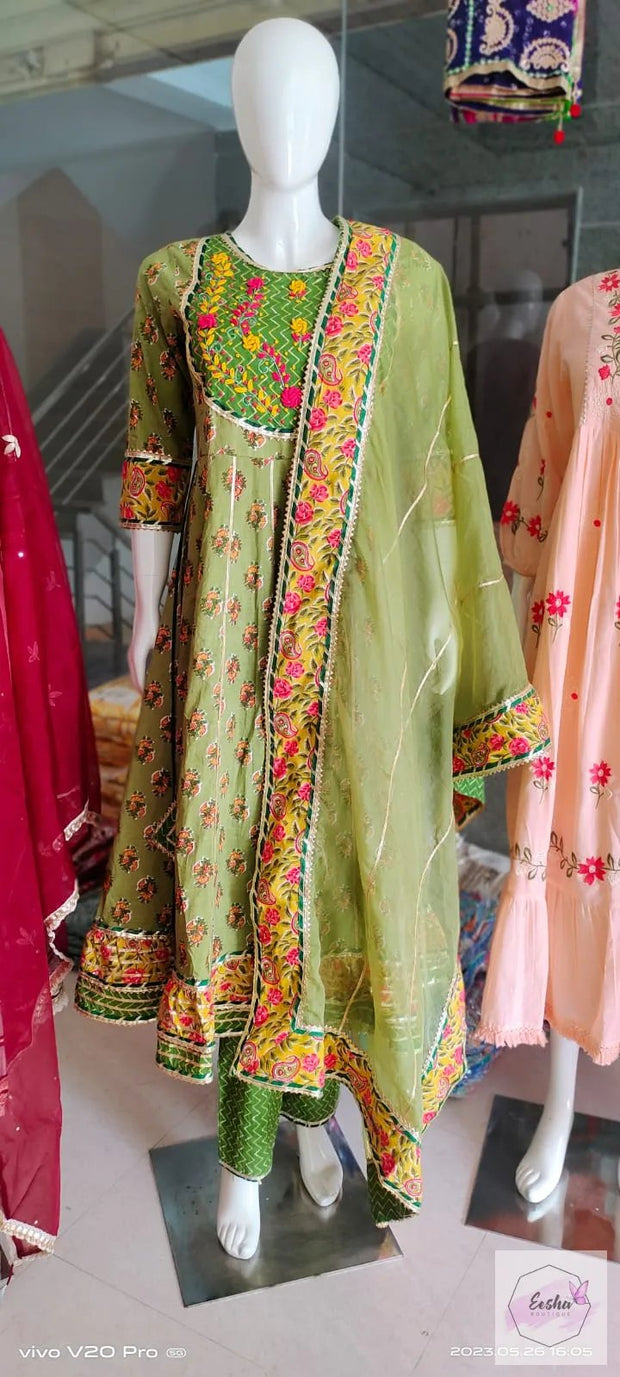 Light Green Pure Cotton Mulmul Anarkali Suit - Set of 3