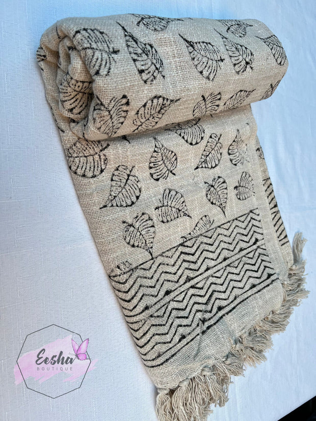 Beige handloom organic Indian cotton throw with tassels