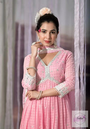 Baby Pink Aliya Cut Anarkali Mulmul Cotton Anarkali Long Dress Suit - Set of 3