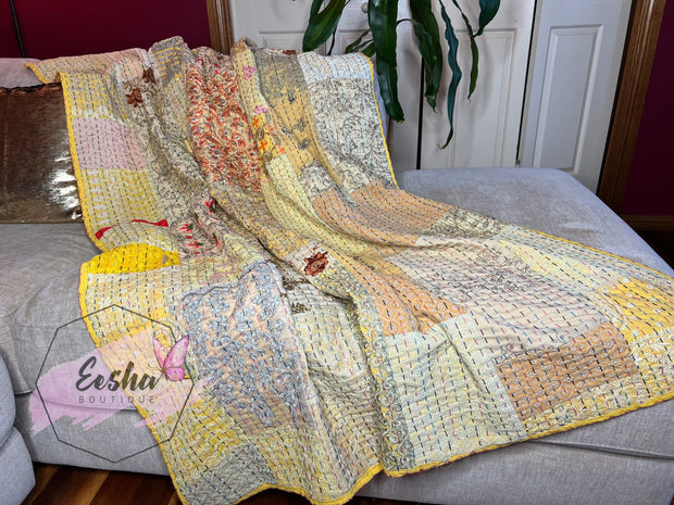 Kantha Stitch Vintage Silk Patchwork Throw - Yellow